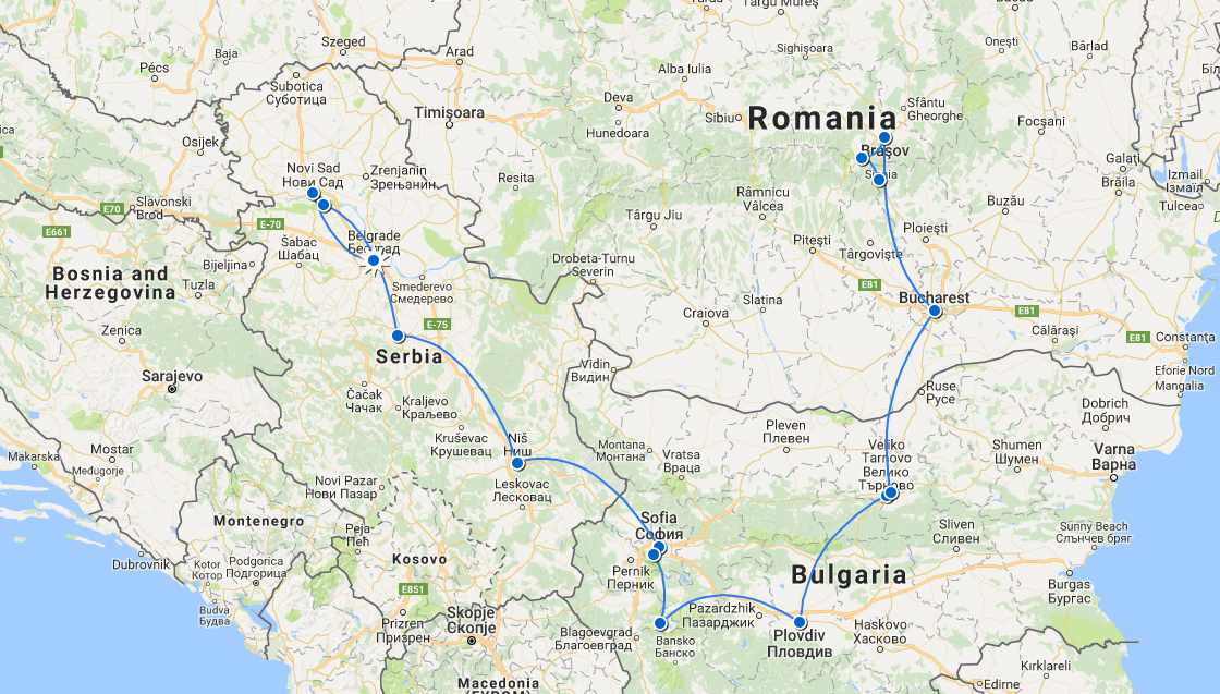 Serbia ,Romania,Bulgaria tour map