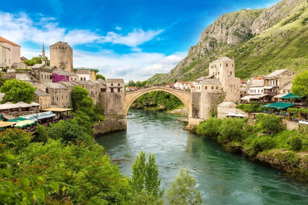 Mostar bridge small town in Bosnia, Balkan tour